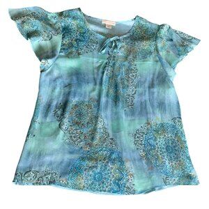 Christopher & Banks Womens Size Large Blue Patterned Polyester Blouse Beaded Det